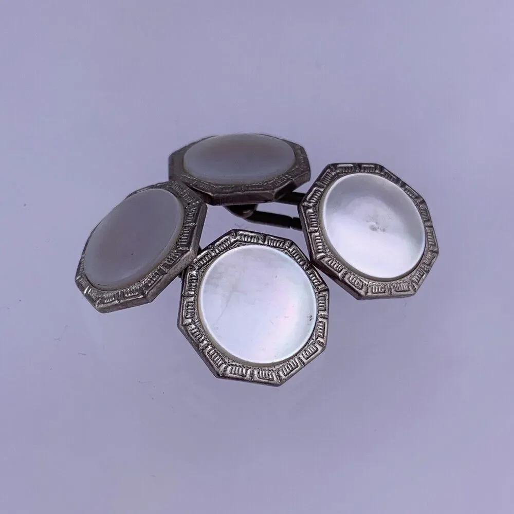 Art Deco Mother of Pearl Silver Plated Cufflinks Double Park Bros Rogers Vintage
